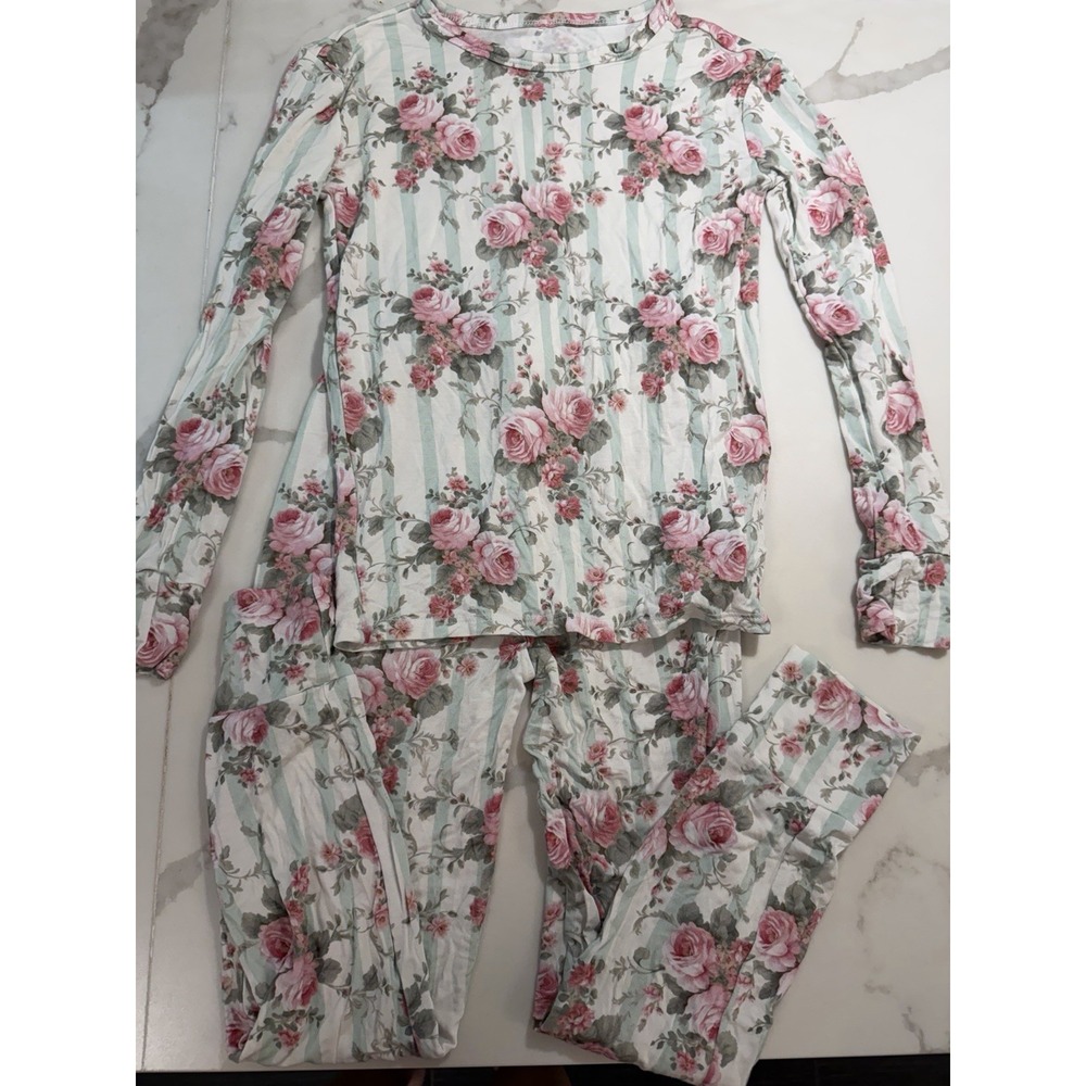 Posh Peanut Girls Sz 7-8 Years Long Sleeve Pajama Set Stripe Pink Roses Floral